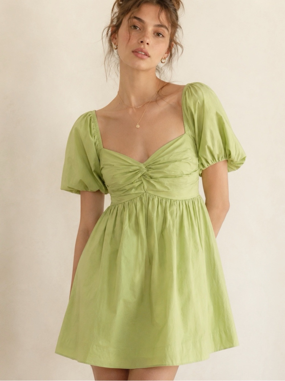 En Saison Poplin Chartreuse Puff Sleeve Babydoll Dress XS Coquette Cottagecore